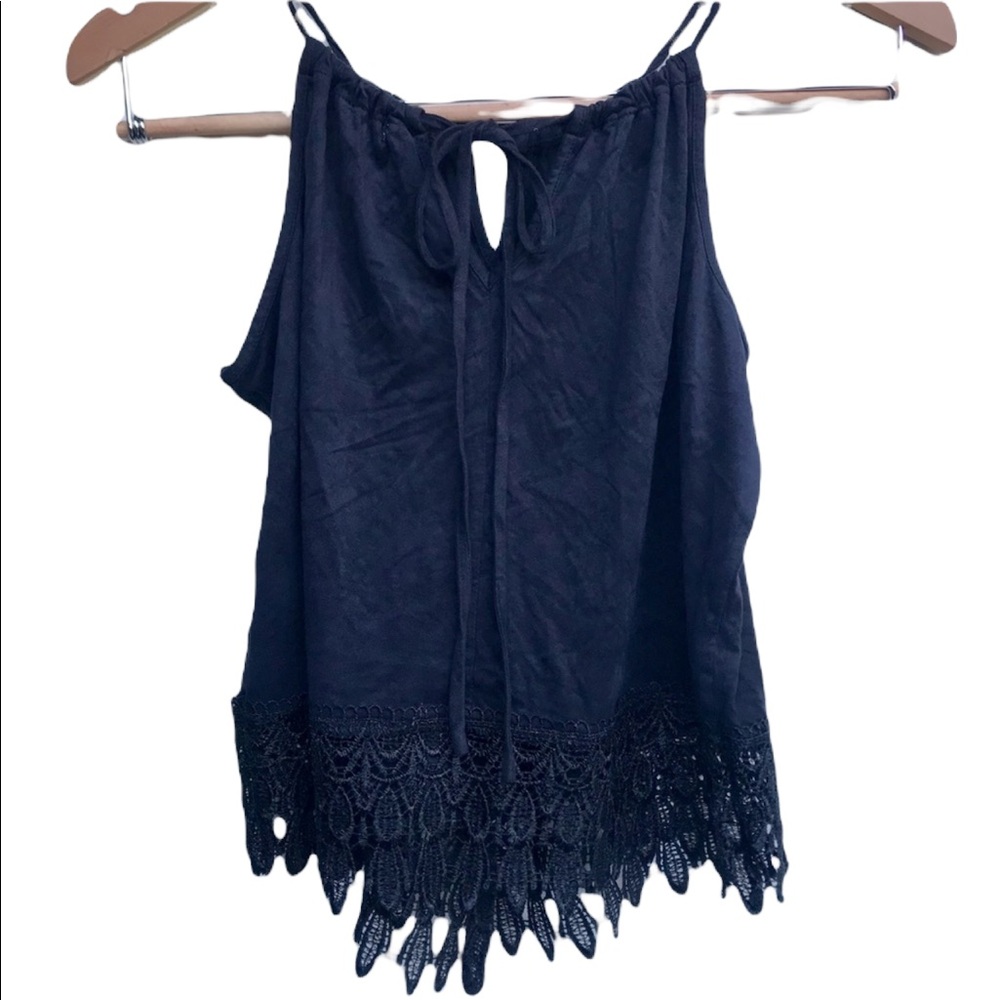 Tie Back Black Suede and Lace Crop Tank Top